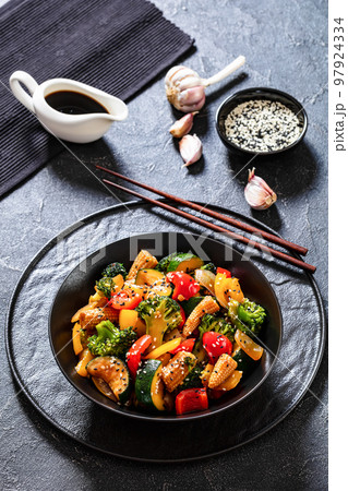veggies stir-fry with thick soy based sauce veggies stir-fry with thick soy based sauce 97924334