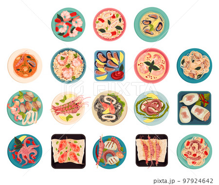Seafood Dish Served on Plate Above View Big Vector Set 97924642