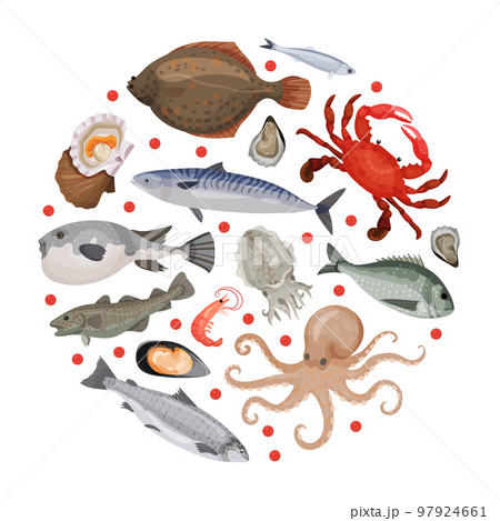 Sea food in round shape. Flounder, mussel, mackerel, lobster, oyster, octopus sea creatures banner, poster, card design template cartoon vector Sea food in round shape. Flounder, mussel, mackerel, lobster, oyster, octopus sea creatures banner, poster, card design template cartoon vector 97924661