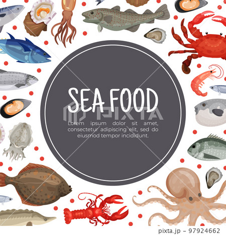 Sea food banner. Flounder, mussel, mackerel,... - Stock Illustration  [97924662] - PIXTA