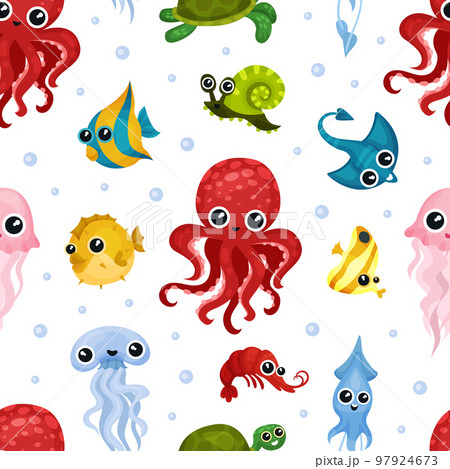 Cute sea animals seamless pattern. Funny bright marine creatures, underwater wild life repeating print for wallpaper, wrapping paper, textile, package design cartoon vector Cute sea animals seamless pattern. Funny bright marine creatures, underwater wild life repeating print for wallpaper, wrapping paper, textile, package design cartoon vector 97924673