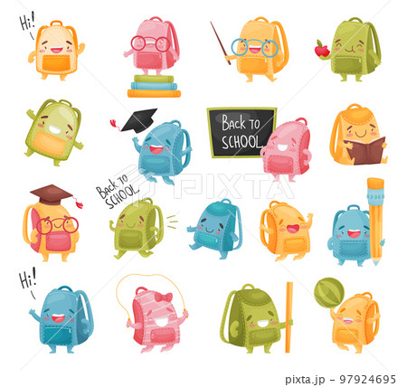 Cute funny school bag characters set. Backpacks with smiling friendly faces with school supplies cartoon vector 97924695