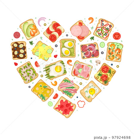 Tasty toasts in heart shape. Sandwiches with...のイラスト素材 [97924698] - PIXTA