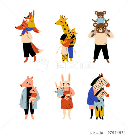 Animal parents and their kids set. Fox, giraffe, bear, pig, rabbit, zebra families cartoon vector illustration 97924974