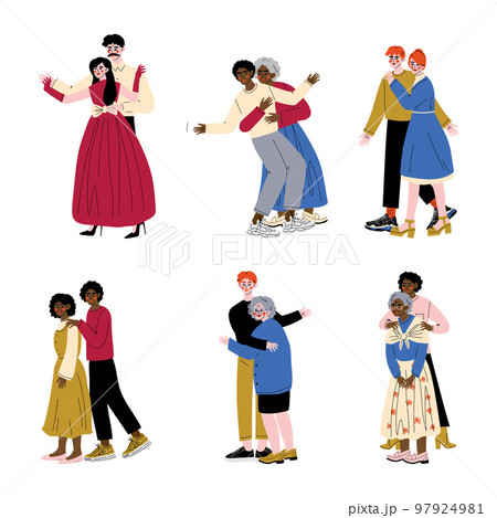 Happy people hugging set. Men and women of different ages and nationalities hugging cartoon vector illustration 97924981