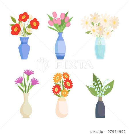 Set of flower bouquets. Tulip, chamomile, lily of valley bright summer blooming flowers in vases cartoon vector illustration 97924992