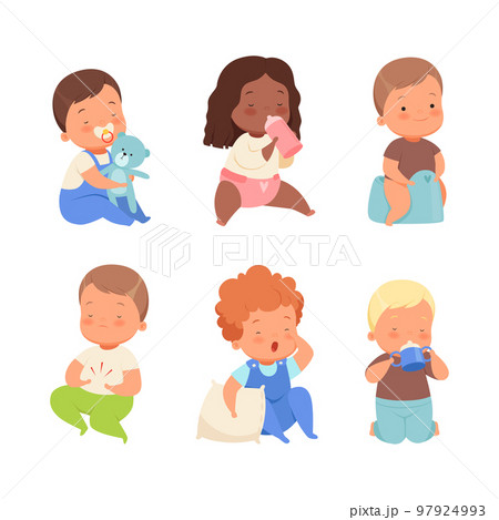 Toddler baby in everyday activities set. Adorable boys and girls playing toys, eating, sleeping cartoon vector illustration 97924993