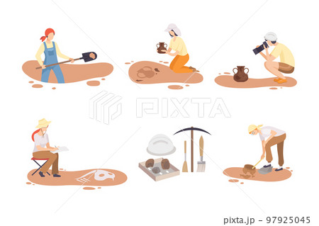 Archeologists digging and finding historical artifacts with archeological tools set cartoon vector illustration 97925045