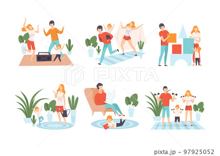 Happy family having good time at home set. Parents and kids dancing, play toy blocks, doing sports, reading book cartoon vector illustration 97925052