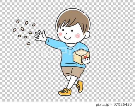 Illustration of a boy throwing beans on Setsubun Illustration of a boy throwing beans on Setsubun 97926430