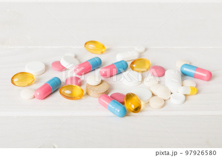 Collection Of Various Medical Tablets And Pills. Assorted pharmaceutical medicine pills, tablets and capsules on table background. Heap of assorted various medicine tablets. Health care Collection Of Various Medical Tablets And Pills. Assorted pharmaceutical medicine pills, tablets and capsules on table background. Heap of assorted various medicine tablets. Health care 97926580