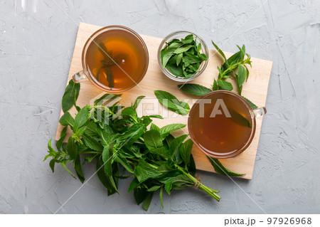 Cup of mint tea on table background. Green tea with fresh mint top view with copy space Cup of mint tea on table background. Green tea with fresh mint top view with copy space 97926968