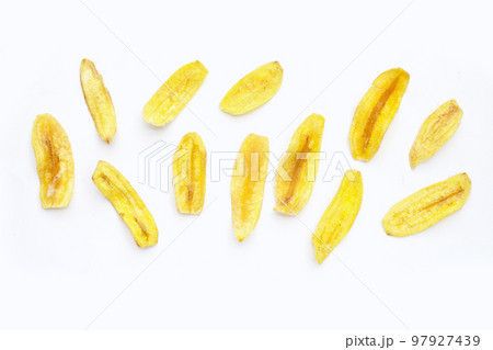 Banana slice chips on white background 97927439