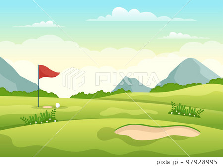 Golf Sport Illustration with Flags, Cart, Sticks, Green Field and Sand Bunker for Outdoors Fun or Lifestyle in Flat Cartoon Hand Drawn Templates Golf Sport Illustration with Flags, Cart, Sticks, Green Field and Sand Bunker for Outdoors Fun or Lifestyle in Flat Cartoon Hand Drawn Templates 97928995