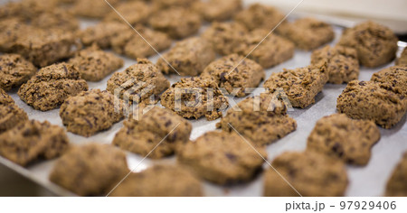 close up of unbaked free gluten cookies in bakery 97929406