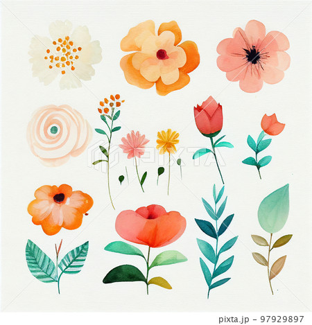 Set flowers and leave painting watercolor floral illustration created with Generative AI technology. 97929897