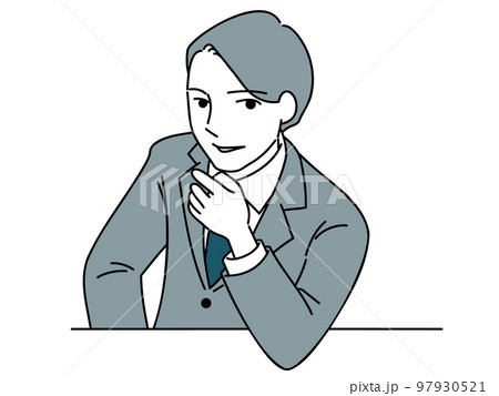 デスクに肩ひじをついて笑顔を浮かべる男性のイラスト 97930521