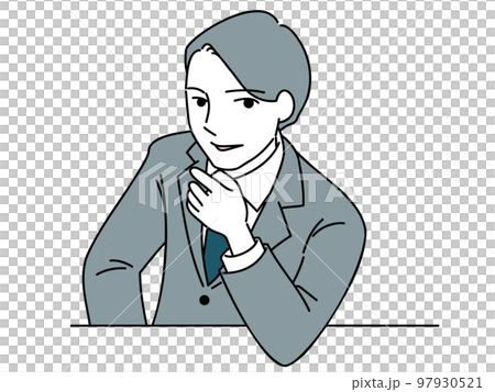 デスクに肩ひじをついて笑顔を浮かべる男性のイラスト 97930521