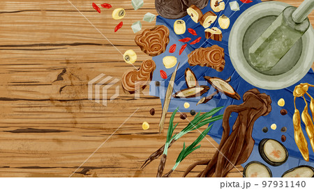 テーブルに並べられた漢方生薬手書き水彩風イラスト テーブルに並べられた漢方生薬手書き水彩風イラスト 97931140