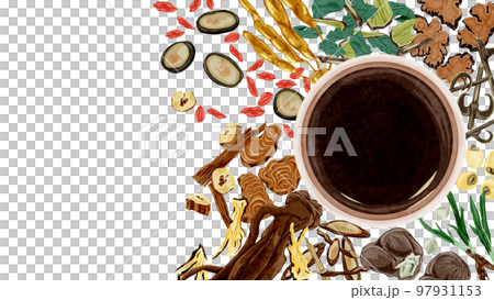 テーブルに並べられた漢方生薬手書き水彩風イラスト 97931153