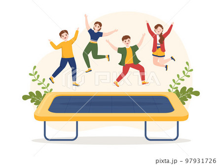 Trampoline Illustration with Youth Jumping On a Trampolines in Hand Drawn Flat Cartoon Summer Outdoor Activity Background Template 97931726