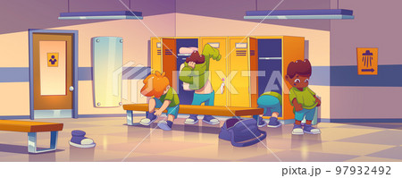 School gym locker room with kids changing uniform 97932492
