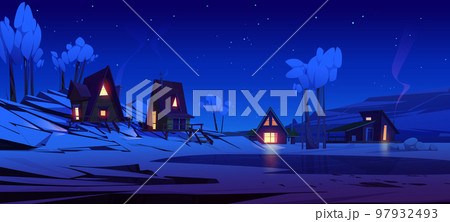Winter mountain night landscape with chalet houses 97932493