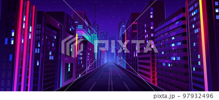 City night street, road and houses with neon ligth City night street, road and houses with neon ligth 97932496