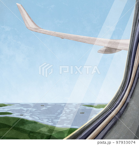 飛行機の窓から見る景色手描き水彩風イラストのイラスト素材 [97933074