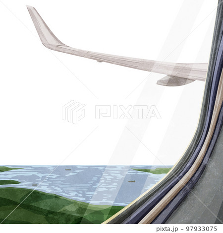 飛行機の窓から見る景色手描き水彩風イラストのイラスト素材 [97933075