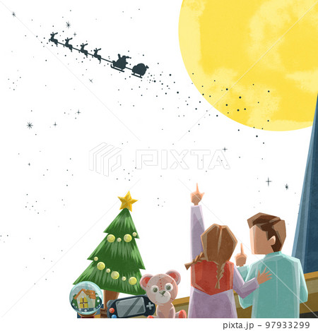 窓からサンタクロースを見つける子供たち手描き水彩風イラスト 97933299