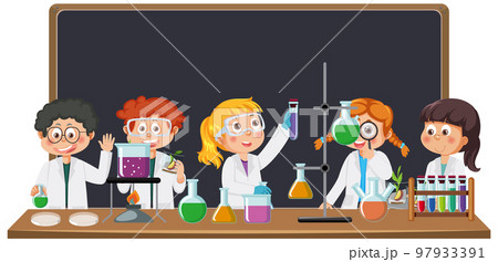 Scientist kids doing chemical experiment Scientist kids doing chemical experiment 97933391