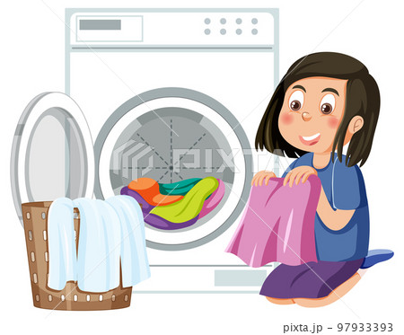 A girl doing laundry with washing machine A girl doing laundry with washing machine 97933393