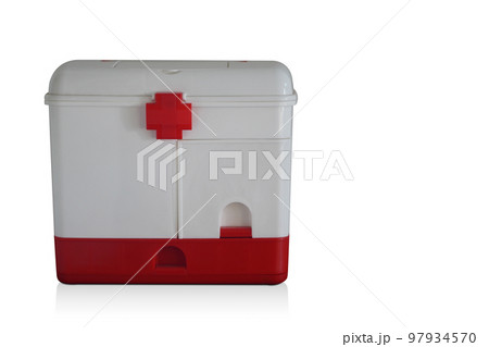 front view red and white plastic box on white background, object, container, comfortable, keep, banner, template, copy space 97934570