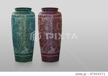 green and brown ceramic vase on grey background, object, vintage, retro, decor, gift, fashion, copy space green and brown ceramic vase on grey background, object, vintage, retro, decor, gift, fashion, copy space 97934571