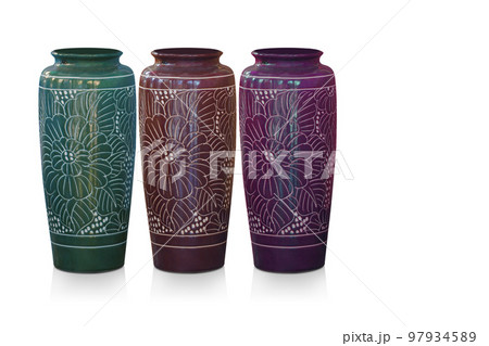 three long ceramic color vase on white background, object, vintage, retro, decor, gift, fashion, copy space 97934589
