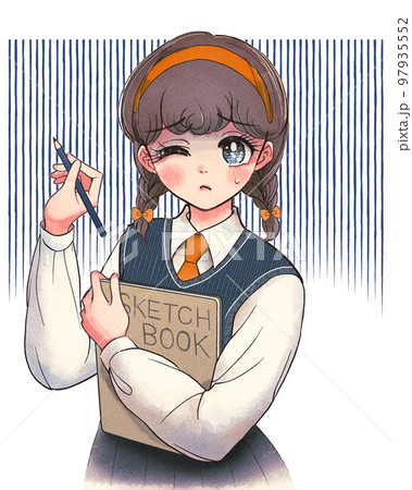 かわいい少女漫画風イラスト・悩みながらスケッチをする学生 97935552