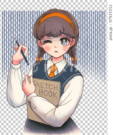 かわいい少女漫画風イラスト・悩みながらスケッチをする学生 97935552