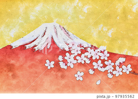 桜 富士山 水彩 背景 桜 富士山 水彩 背景 97935562
