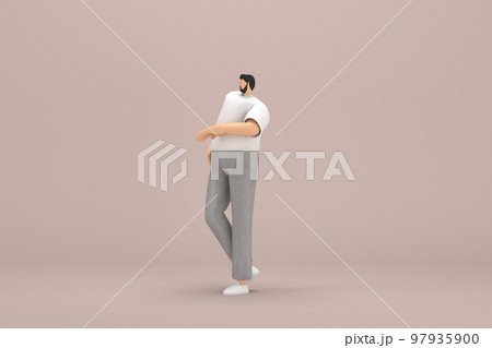The man with beard wearinggray corduroy pants and white collar t-shirt. He is expression of hand when talking. 3d rendering of cartoon character in acting. The man with beard wearinggray corduroy pants and white collar t-shirt. He is expression of hand when talking. 3d rendering of cartoon character in acting. 97935900