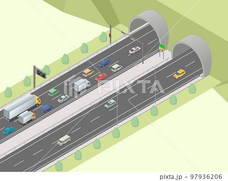 アイソメトリック図法で描いた日本の高速道路のトンネル進入禁止イメージ[B]（緑地） 97936206