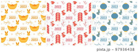 Set of Chinese Lunar New Year 2023 Day Seamless Pattern Decoration Template Hand Drawn Cartoon Flat Illustration Set of Chinese Lunar New Year 2023 Day Seamless Pattern Decoration Template Hand Drawn Cartoon Flat Illustration 97936438