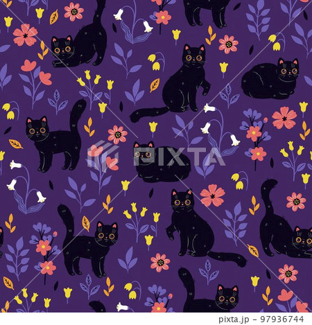 Seamless pattern with cute cats and flowers. Vector graphics. 97936744