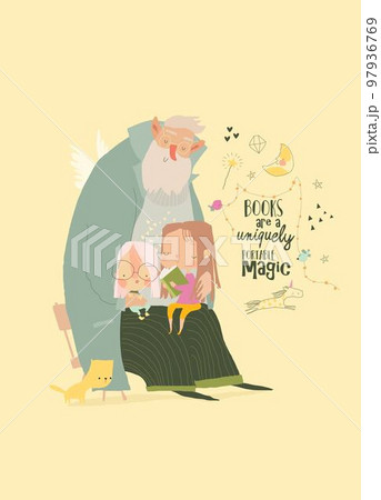Illustration of Cartoon Grandfather With Kids Reading Book Illustration of Cartoon Grandfather With Kids Reading Book 97936769