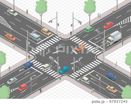 アイソメトリック図法で描いた日本の信号交差点イメージ[F]（マス目地）+歩行者 97937245