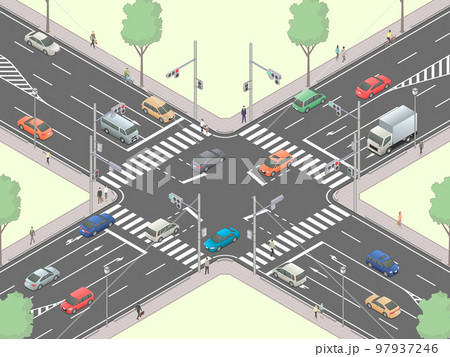 アイソメトリック図法で描いた日本の信号交差点イメージ[F]（緑地）+歩行者 97937246