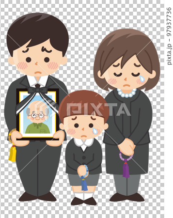 Bereaved family grieving at grandfather's funeral 97937736