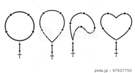 Rosary beads silhouettes set. Prayer heart shaped jewelry for meditation. Catholic chaplet with a cross. Religion symbol. Vector illustration. 97937750