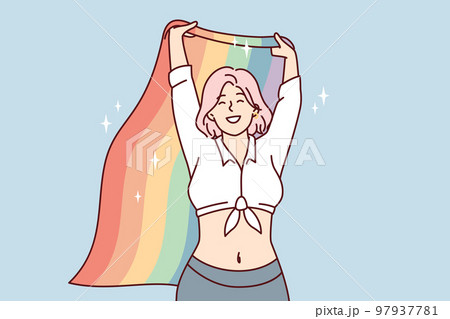Happy woman waving rainbow flag while speaking at event for LGBT and sexual minorities. Vector image 97937781