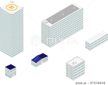 アイソメトリックな色々な住宅の建物のイラストセット 97938648